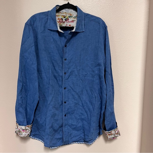 ROBERT GRAHAM 100% Linen Shirt Sz XL Blue w/ Floral Flip Cuff Exquisite EUC - Picture 1 of 5